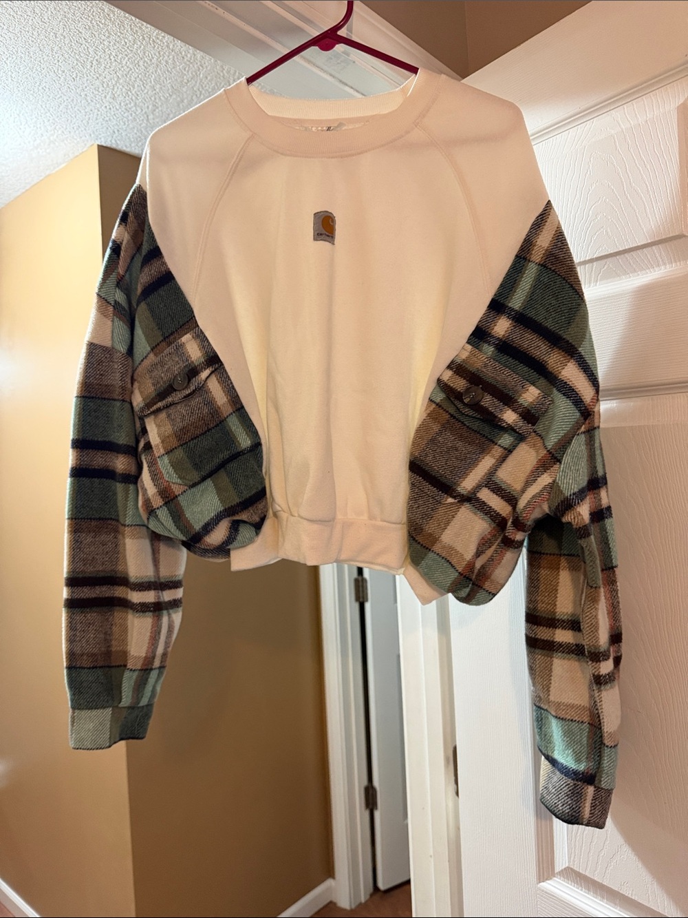 Carhartt White Sweatshirt with Plaid Green and Tan Sleeves